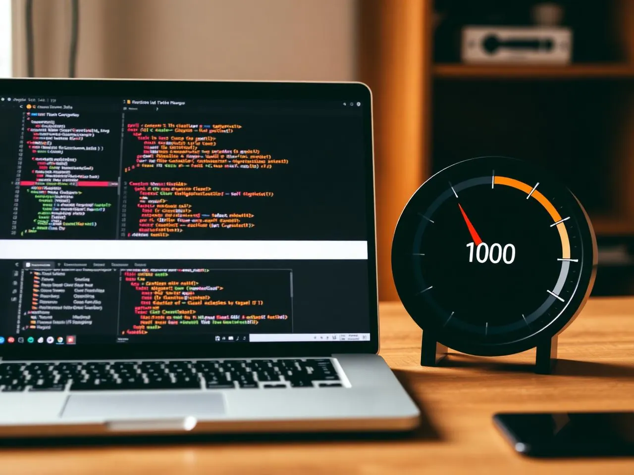 Code editor next to a Core Web Vitals performance gauge