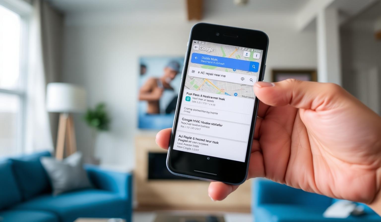 Smartphone showing a Google local pack search for AC repair near me