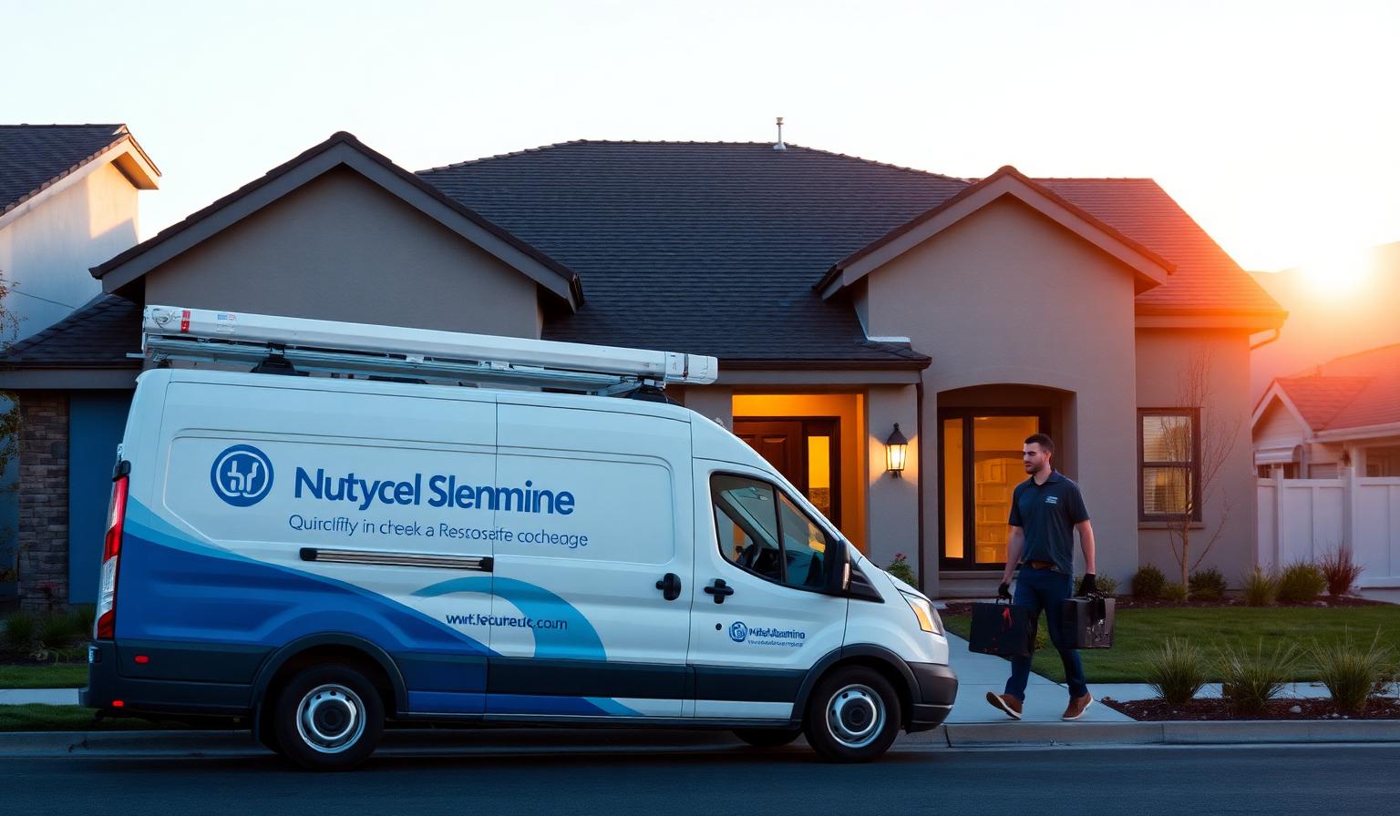 Branded plumbing service van parked in front of a Utah suburban home