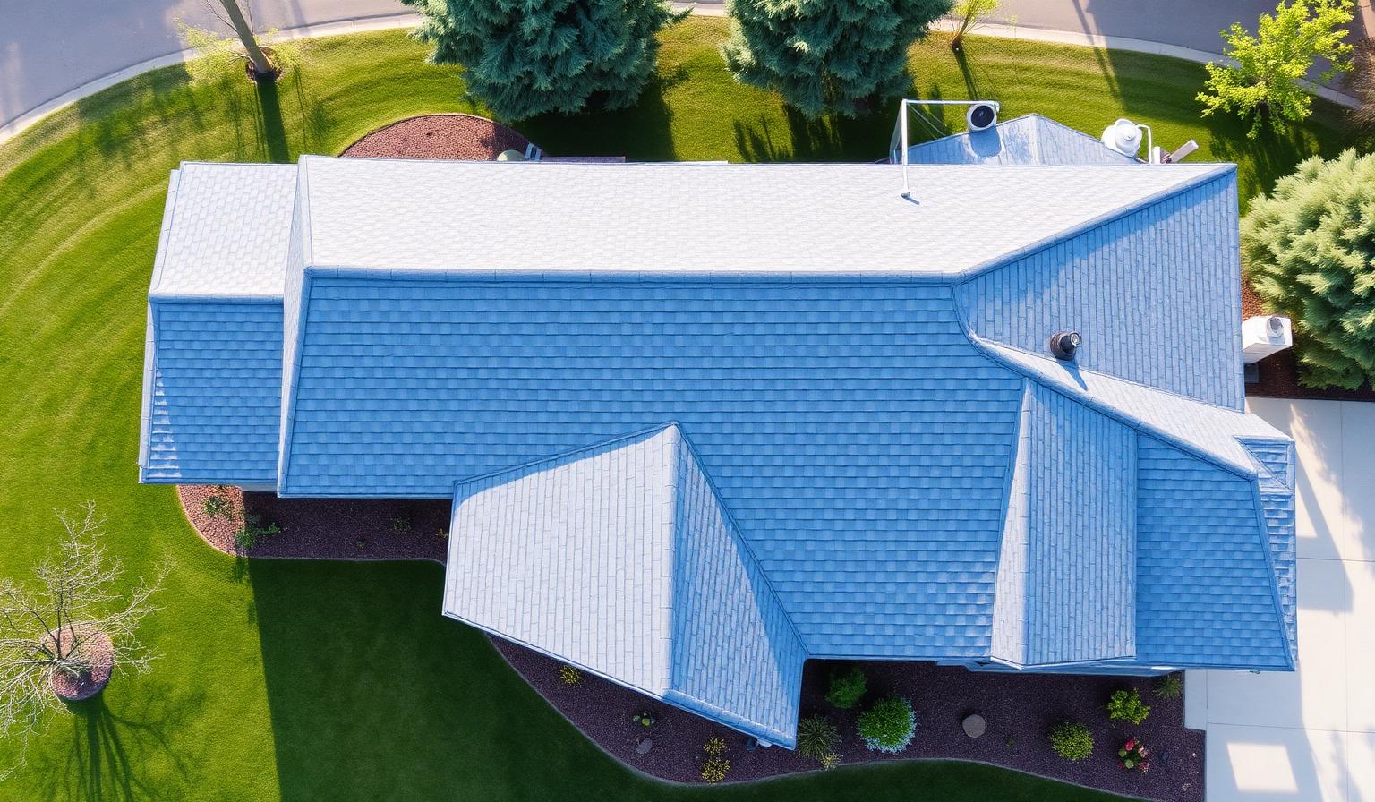 Aerial view of a newly replaced roof on a Utah residential home