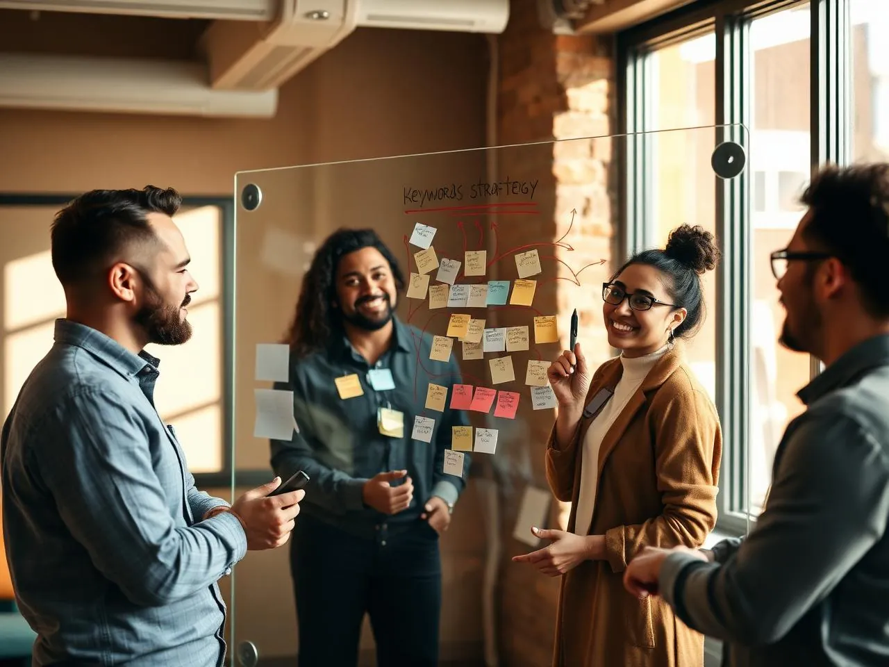 A small marketing team collaborating around a glass whiteboard covered with a keyword strategy
